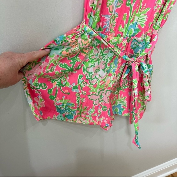 Lilly Pulitzer Deanna Belted Tie Romper Southern Charm Pink Green Floral - Picture 6 of 9